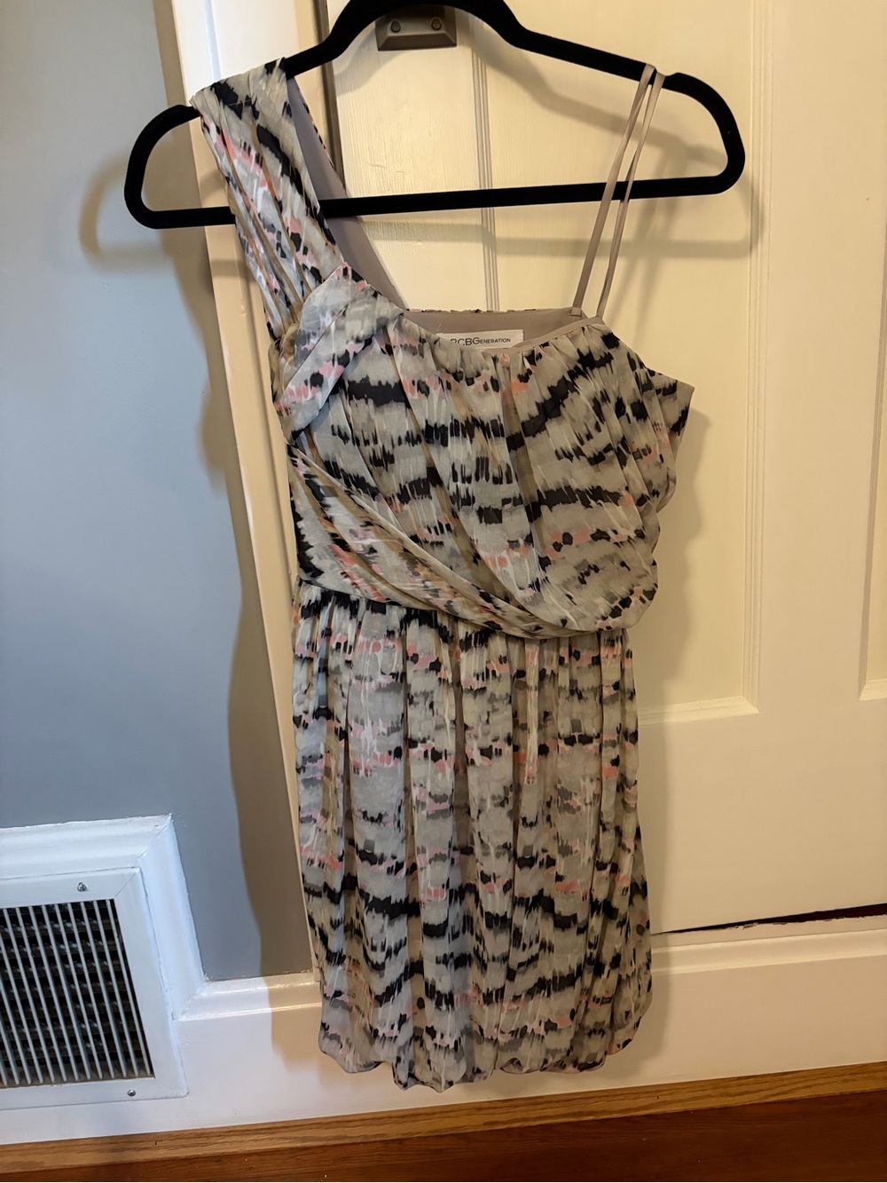 BCBGeneration One-Shoulder Chiffon Dress in Light Gray with Pink and Black Print